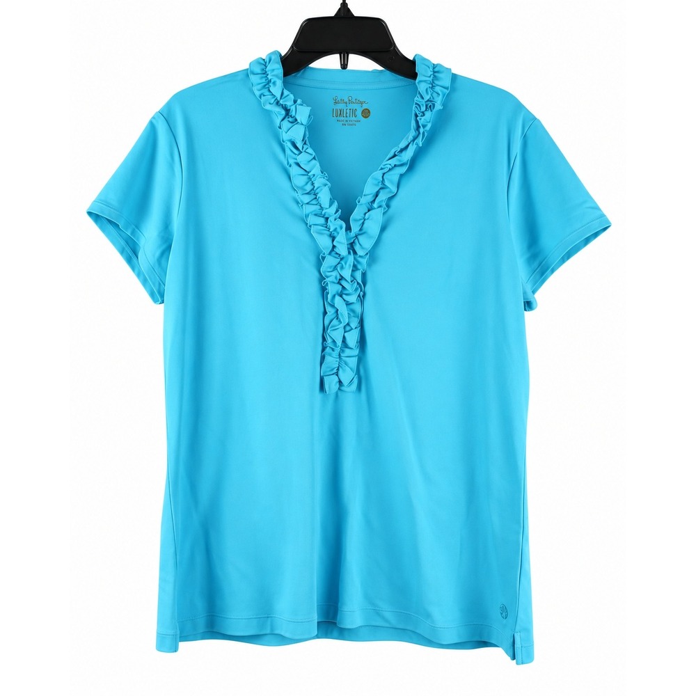 Lilly Pulitzer Luxletic Ruffle V-Neck Short Sleeve Top Turquoise Blue XL